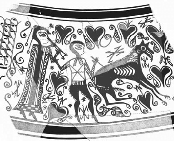 Decoración pintada del Vaso de los Guerreros de La Serreta, con figuras humanas y animales